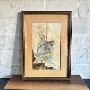 Antique Framed Watercolour Painting of Ocean Liner, Signed and Dated “GWH 1924”